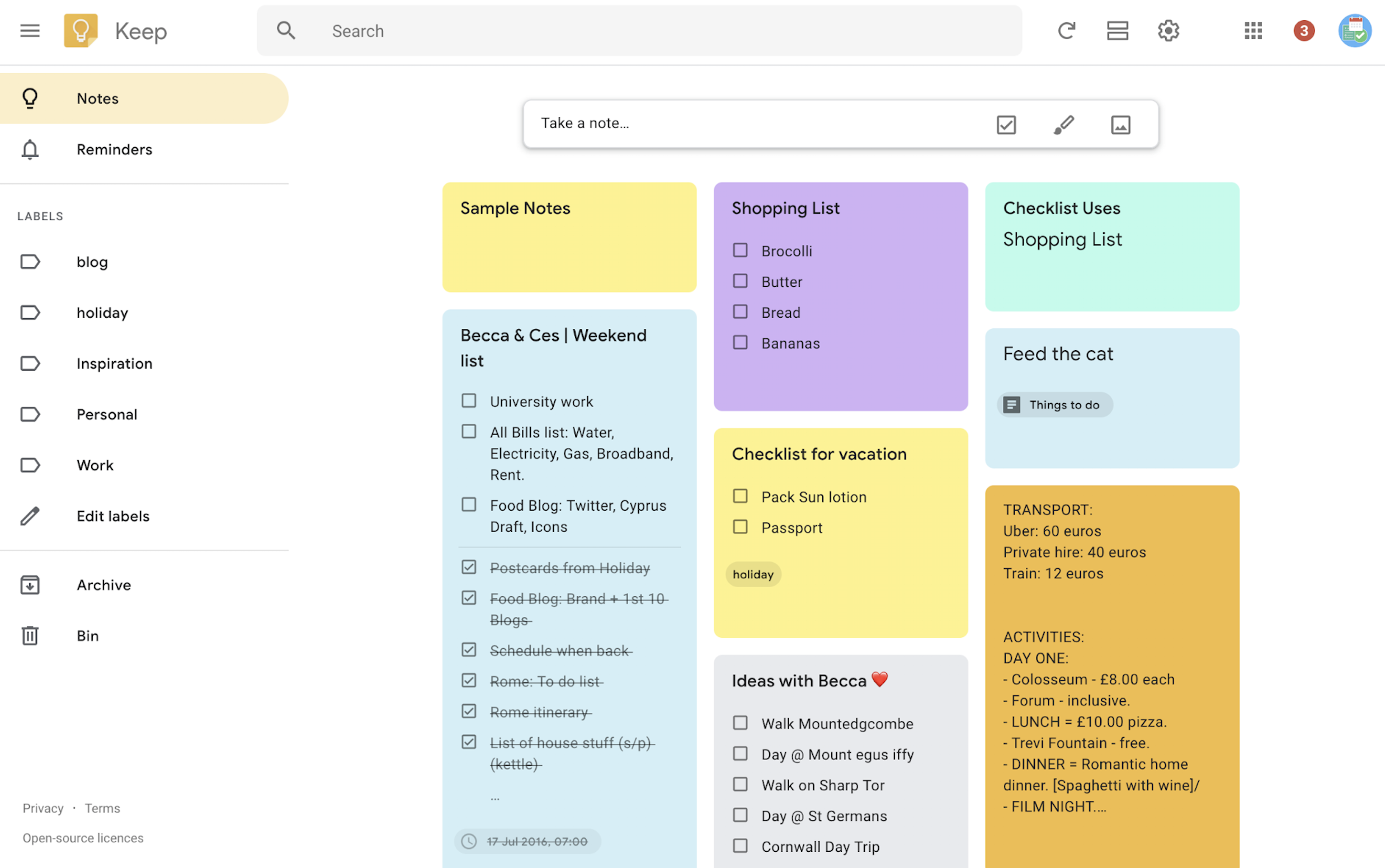 Screenshot of a number of example Google Keep notes.