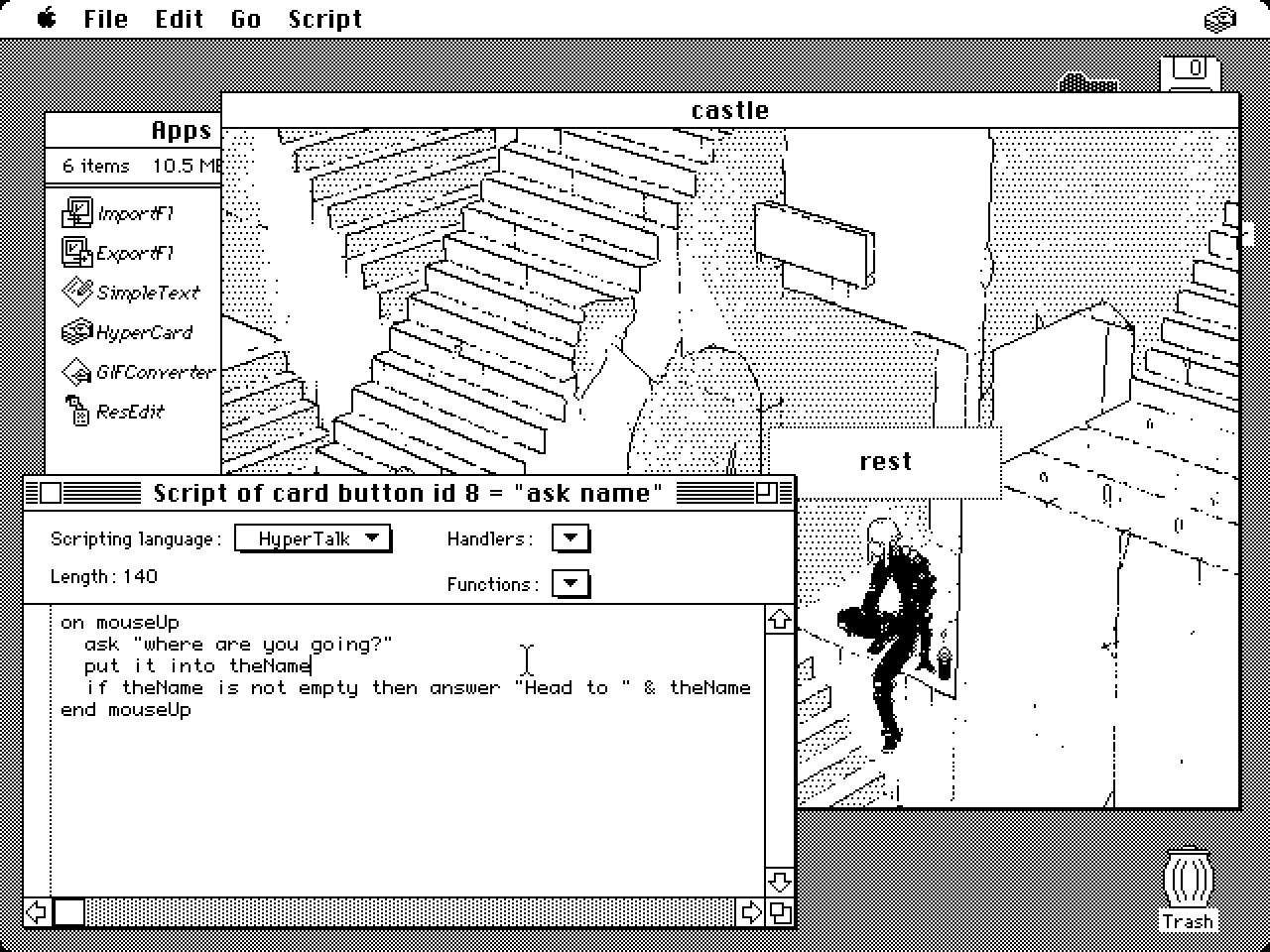 Monochrome screenshot of an old MacOS version running HyperCard. Screenshot shows three windows open. One window contains HyperTalk code, another displays a card with an image of a person sitting on a staircase. The last window is obscured.