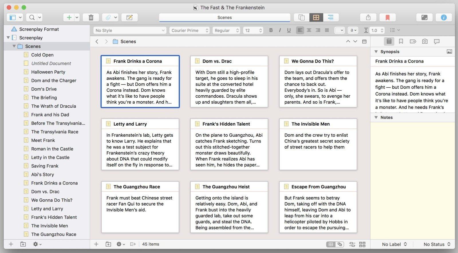 Screenshot of a Scrivener project. The UI is set to Scrivener's corkboard mode, which displays a virtual corkboard on which each chapter appears as an index card. Each index card has the summary of a chapter on it.