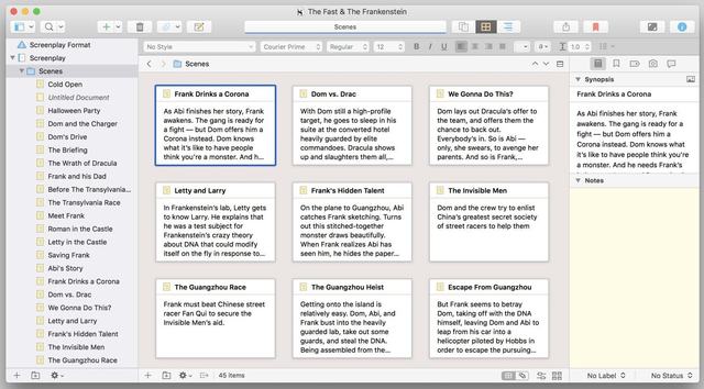 Screenshot of a Scrivener project. The UI is set to Scrivener's corkboard mode, which displays a virtual corkboard on which each chapter appears as an index card. Each index card has the summary of a chapter on it.