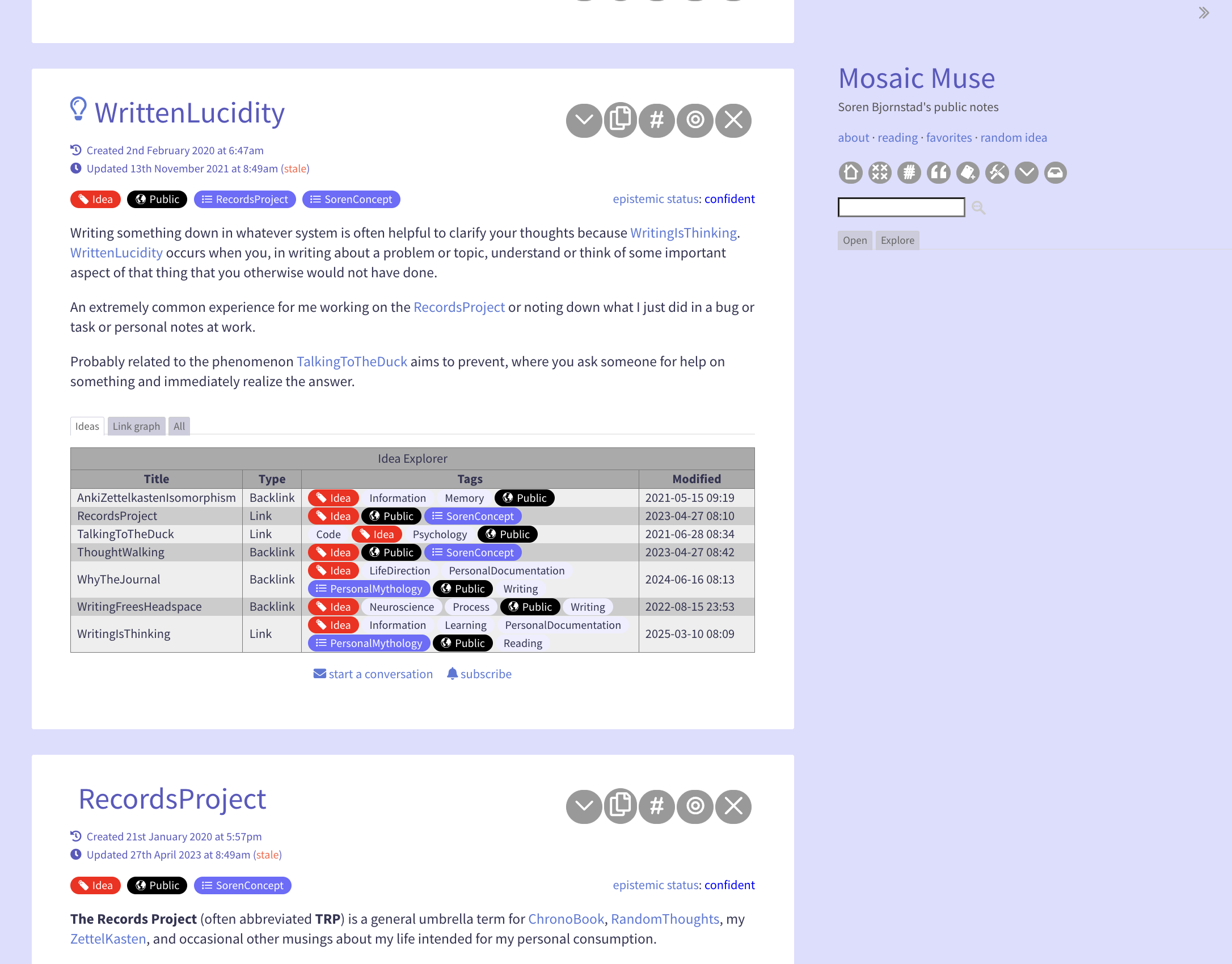 Screenshot of a TiddlyWiki. Each article in the wiki appears as an index card. Articles are arranged top to bottom, with a sidebar on the right for navigation. This wiki is called Mosaic Muse.