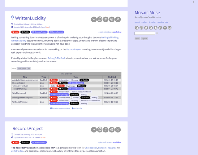Screenshot of a TiddlyWiki. Each article in the wiki appears as an index card. Articles are arranged top to bottom, with a sidebar on the right for navigation. This wiki is called Mosaic Muse.