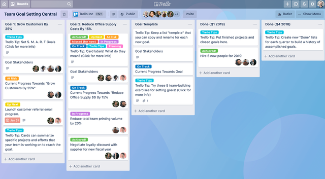 Screenshot of a Trello board displaying a team-based goal-setting exercise.